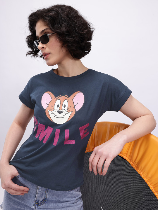 Minute Mirth Women Cotton Polyester Tom & Jerry Printed T-shirt (Navy Blue, Pack Of 1)