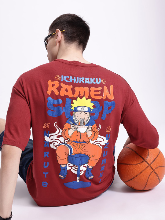 Minute Mirth Men Naruto Graphic Print Cotton Blend T-Shirt (Maroon, Pack Of 1)