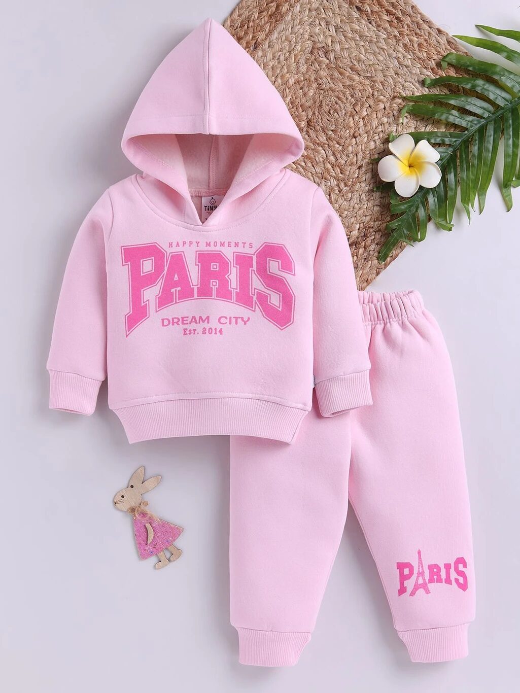 Tinyo Infant Girls “Paris Dream City” Graphic Print Fleece Hoodie and Sweatpant Set (Pink, Pack of 1)