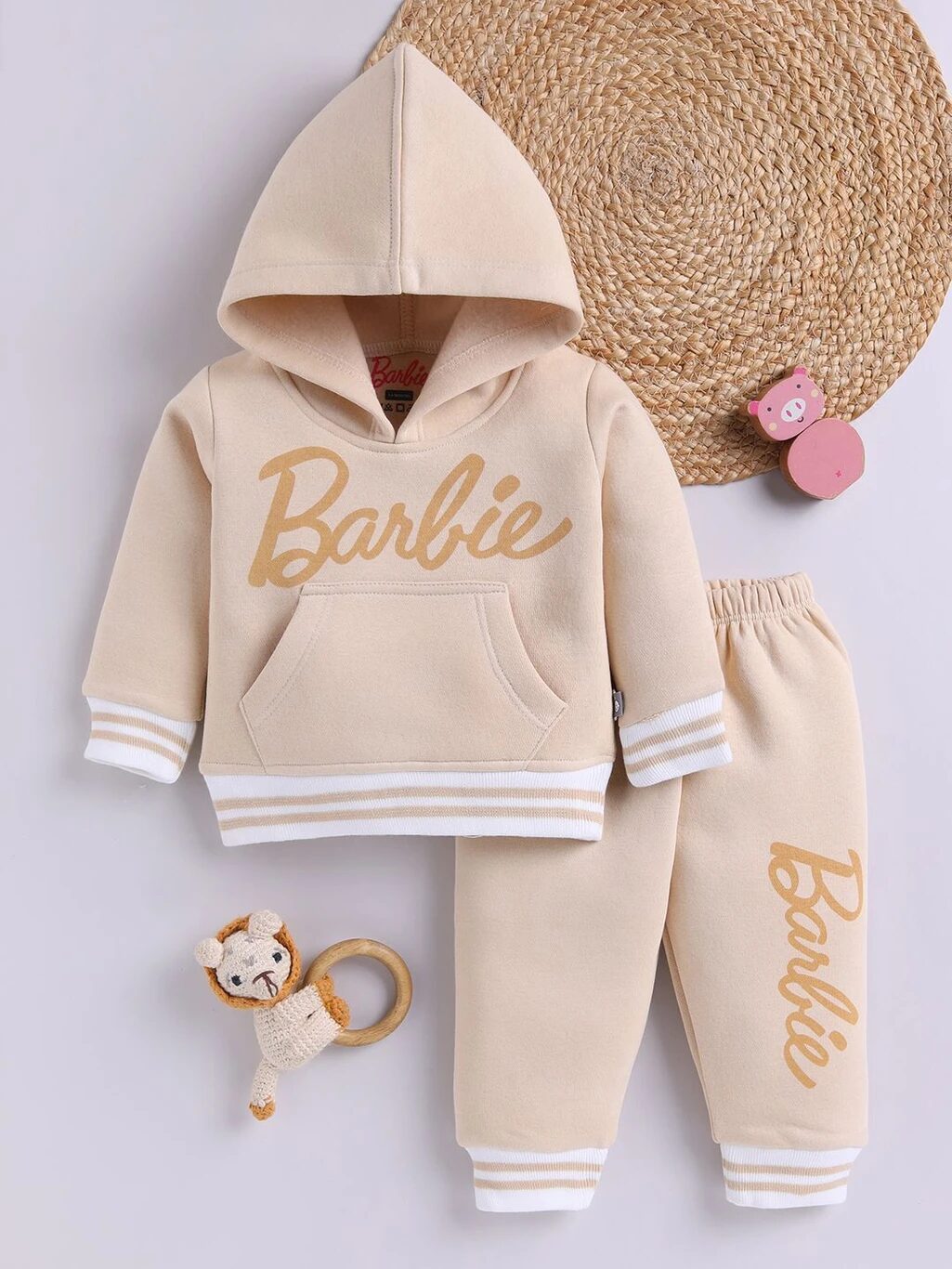 Tinyo Infant Girls “Barbie” Graphic Print Fleece Hoodie and Sweatpant Set (Beige, Pack of 1)