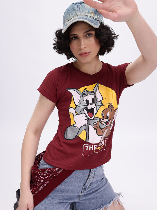 Minute Mirth Tom & Jerry Printed Cotton Blend T-Shirt For Women (Maroon, Pack Of 1)