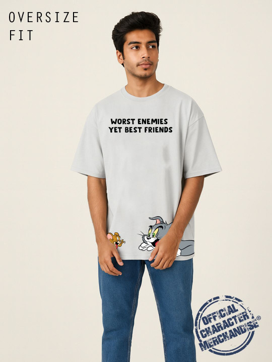 Minute Mirth Men’s Tom & Jerry Printed Cotton Oversized T-shirt (Grey, Pack Of 1)