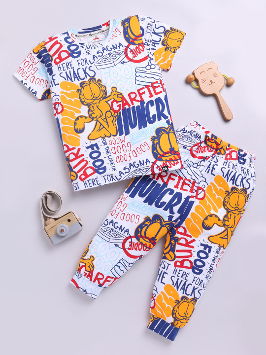 Minute Mirth Boys Garfield Printed Pure Cotton T-shirt & Joggers Set (Multicolour, Pack Of 1)