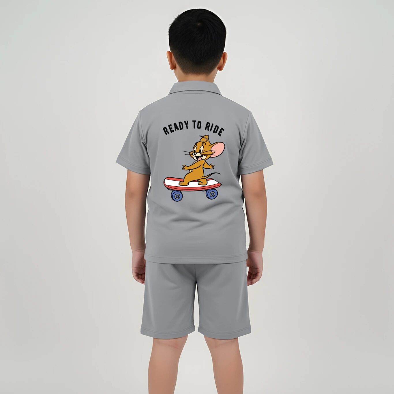 Minute Mirth Boys Tom & Jerry Jacquard T-shirt & Shorts Set (Grey, Pack Of 1)