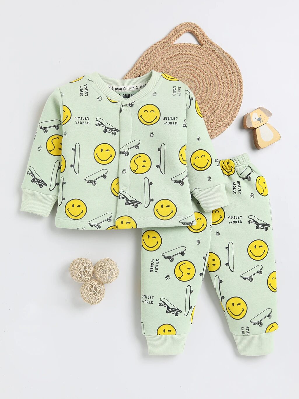 Tinyo Infant Girls Smiley World All-Over Print Fleece Hoodie and Sweatpants Set (Mint Green, Pack of 1)