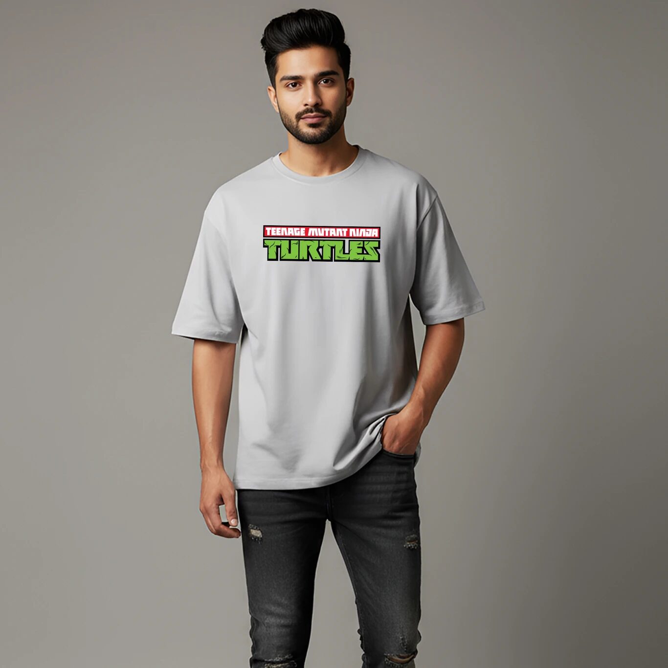 Minute Mirth Men Ninja Turtle Graphic Print Cotton T-Shirt (Grey, Pack Of 1)