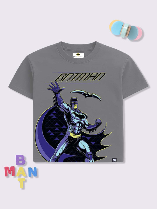 Minute Mirth Boys Batman Printed Pure Cotton Oversized T-shirt (Grey, Pack Of 1)