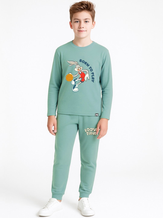 Minute Mirth Boys Looney Tunes Printed T-shirt & Joggers Set (Green, Pack Of 1)