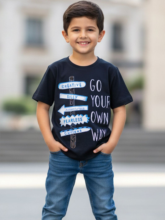 Wildwoods Boys Cotton Graphic Printed T-Shirt (Navy, Pack Of 1)