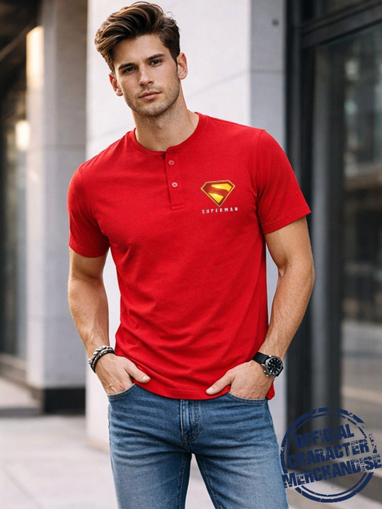 Minute Mirth Men Superman Printed Cotton Henley Neck T-Shirt (Red, Pack Of 1)