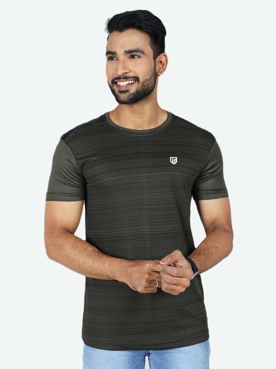 GAME BEGINS Men Striped Slim Fit Round Neck T-Shirt (Olive Green, Pack of 1)