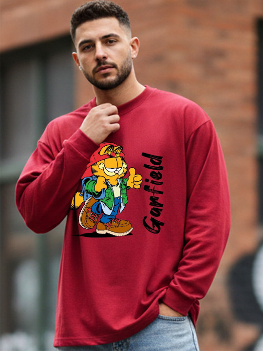 Minute Mirth Men Garfield Graphic Printed Oversized Cotton T-shirt (Red, Pack of 1)