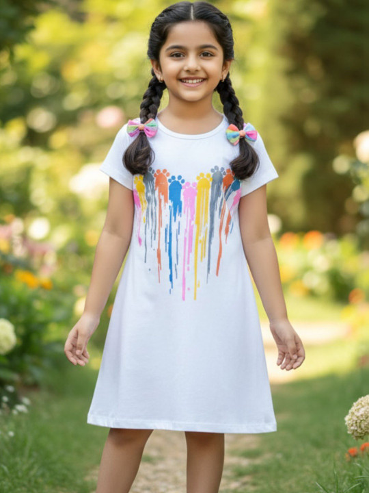 Wildwoods Girls Cotton Graphic Printed A-Line Dress (White, Pack Of 1)