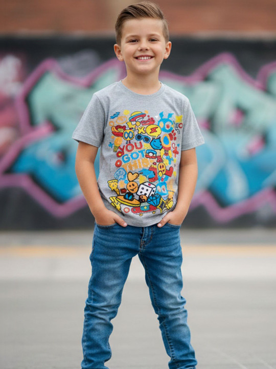 Wildwoods Boys Cotton Graphic Printed T-Shirt (Grey Melange, Pack Of 1)