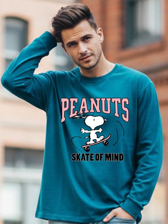Minute Mirth Men Peanuts Graphic Printed Cotton T-shirt (Teal, Pack of 1)