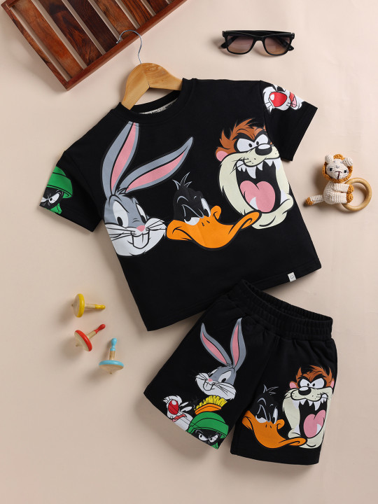 Happy Faces Boy’s Looney Tunes Printed Pure Cotton T-shirt with Shorts Set (Black & Grey, Pack of 1)