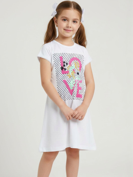 Wildwoods Girls Cotton Graphic Printed A-Line Dress (White, Pack Of 1)