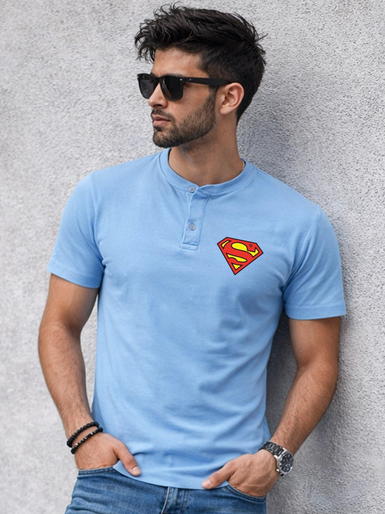 Minute Mirth Men Superman Printed Cotton Henley Neck T-Shirt (Blue, Pack Of 1)