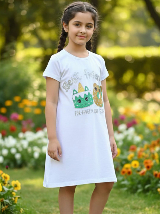 Wildwoods Girls Cotton Graphic Printed A-Line Dress (White, Pack Of 1)