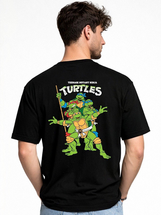 Minute Mirth Men Mutant Ninja Turtles Graphic Printed Oversized Pure Cotton T-shirt (Black, Pack of 1)