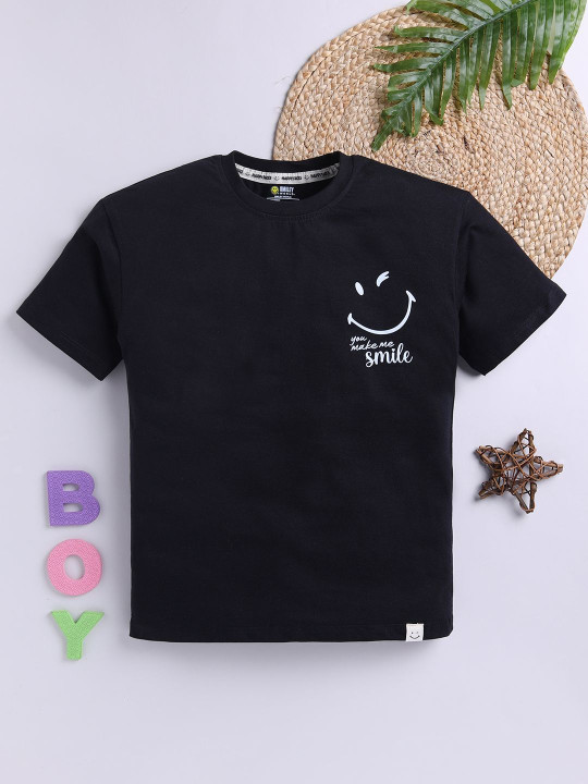 Happy Faces Boys Smiley World Graphic Printed Oversized Cotton T-shirt (Pack of 1)