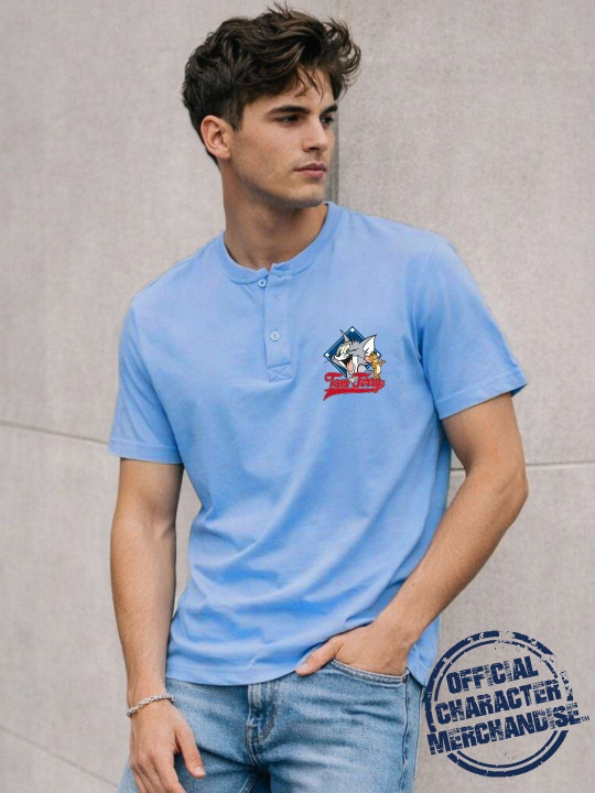 Minute Mirth Men Tom & Jerry Printed Cotton Henley Neck T-Shirt (Blue, Pack Of 1)