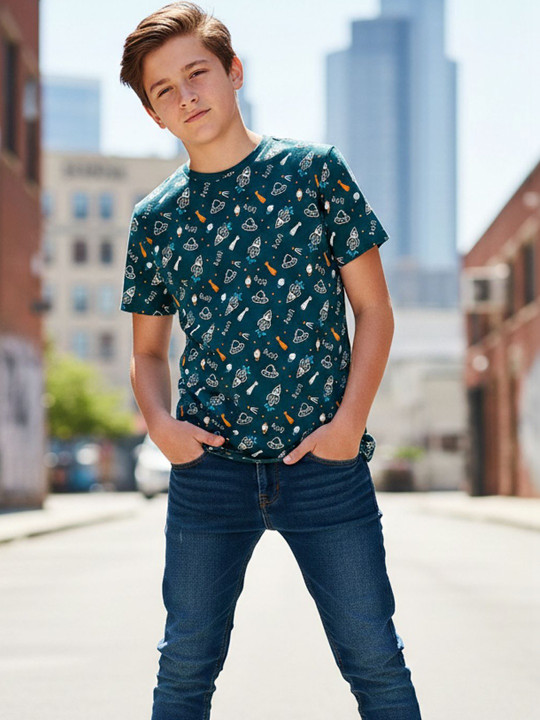 Wildwoods Boys Cotton Printed T-Shirt (Green, Pack Of 1)