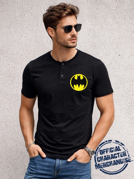 Minute Mirth Men Batman Printed Cotton Henley Neck T-Shirt (Black, Pack Of 1)