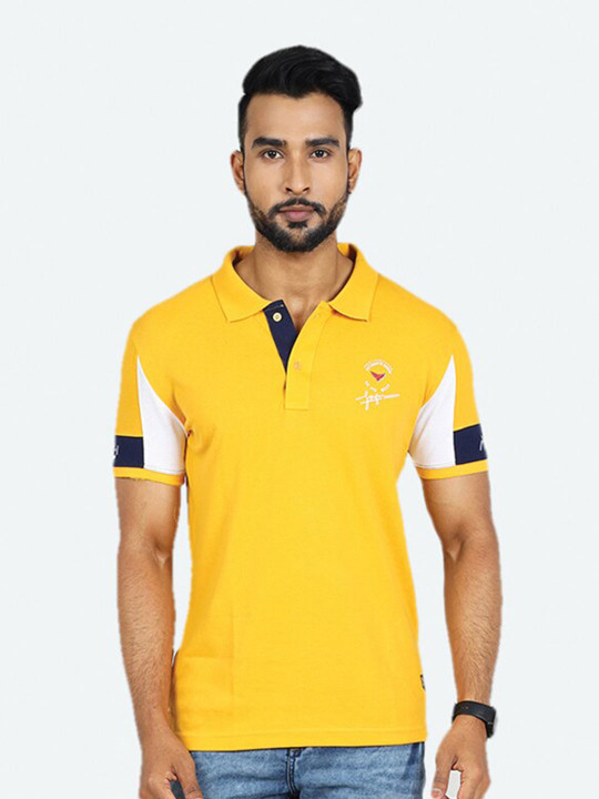 GAME BEGINS Men Colourblocked Polo Collar Pure Cotton T-Shirt (Yellow, Pack Of 1)