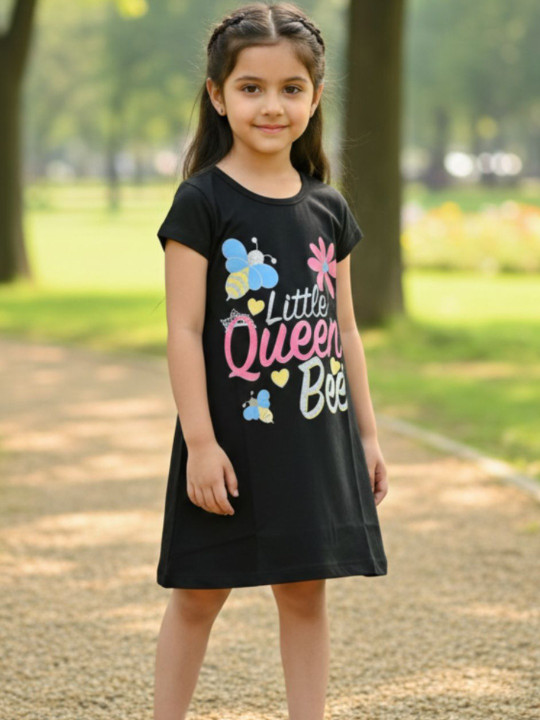 Wildwoods Girls Cotton Graphic Printed A-Line Dress (Black, Pack Of 1)