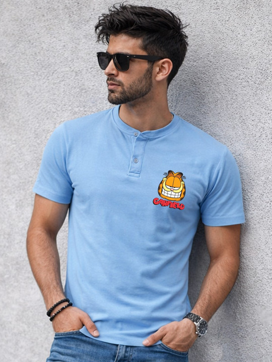 Minute Mirth Men Garfield Printed Cotton Henley Neck T-Shirt (Blue, Pack Of 1)