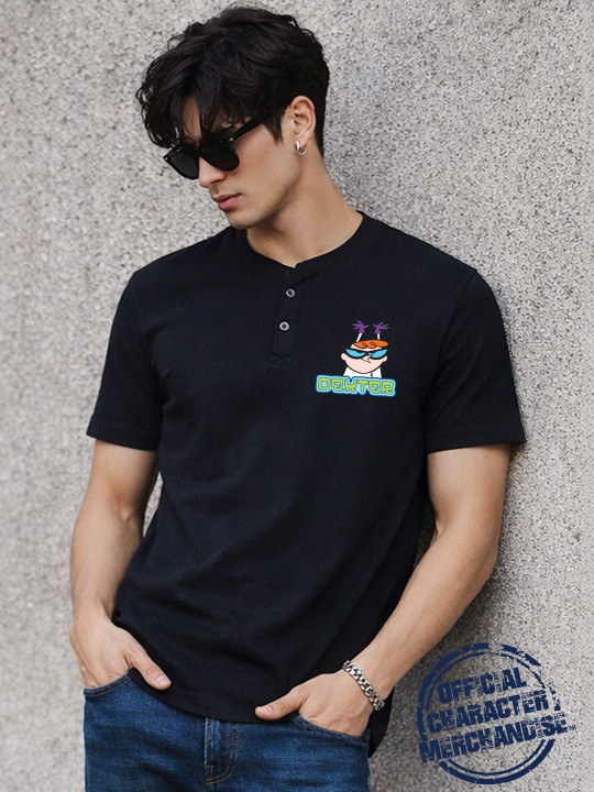 Minute Mirth Men Dexter Printed Cotton Henley Neck T-Shirt (Black, Pack Of 1)