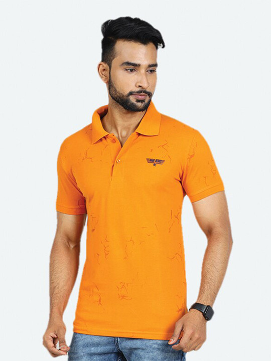 GAME BEGINS Men Printed Cotton Polo Collar T-Shirt (Orange, Pack Of 1)
