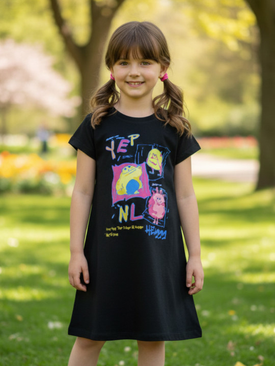 Wildwoods Girls Cotton Graphic Printed A-Line Dress (Black, Pack Of 1)