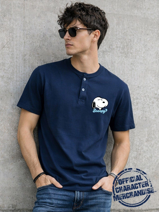 Minute Mirth Men Snoopy Printed Cotton Henley Neck T-Shirt (Blue, Pack Of 1)