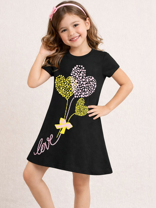 Wildwoods Girls Cotton Graphic Printed A-Line Dress (Black, Pack Of 1)