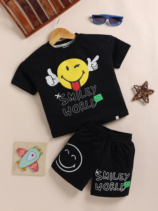 Happy Faces Boy’s Smiley World Printed Pure Cotton T-shirt with Shorts Set (Black & Yellow, Pack of 1)