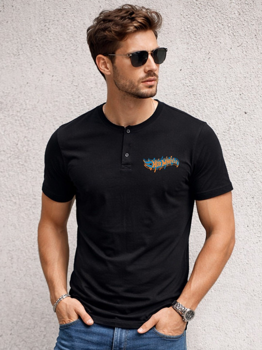 Minute Mirth Men Hot Wheels Printed Cotton Henley Neck T-Shirt (Black, Pack Of 1)