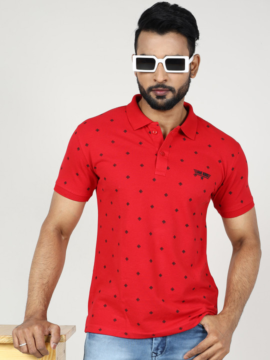 GAME BEGINS Men Geometric Printed Polo Collar Pure Cotton T-Shirt (Red, Pack Of 1)