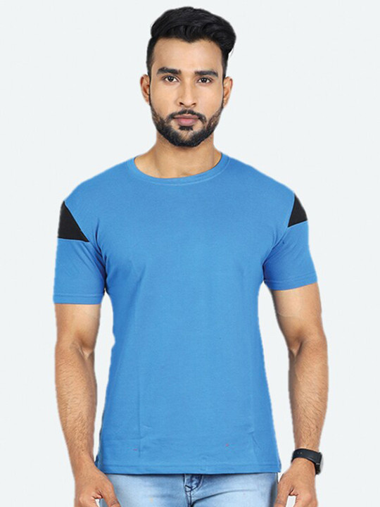 GAME BEGINS Men Colourblocked Pure Cotton T-Shirt (Blue, Pack Of 1)