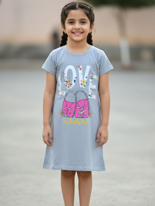 Wildwoods Girls Cotton Graphic Printed A-Line Dress (Grey Melange, Pack Of 1)