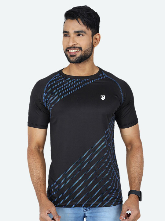 GAME BEGINS Men Striped Round Neck Raglan Sleeve T-Shirt (Black & Blue, Pack of 1)