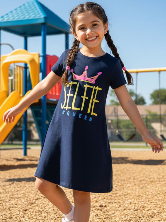 Wildwoods Girls Cotton Graphic Printed A-Line Dress (Navy Blue, Pack Of 1)