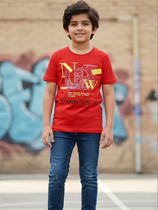 Wildwoods Boys Cotton Typography Printed T-Shirt (Red, Pack Of 1)