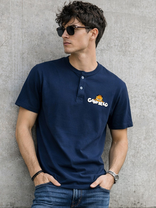 Minute Mirth Men Garfield Printed Cotton Henley Neck T-Shirt (Blue, Pack Of 1)