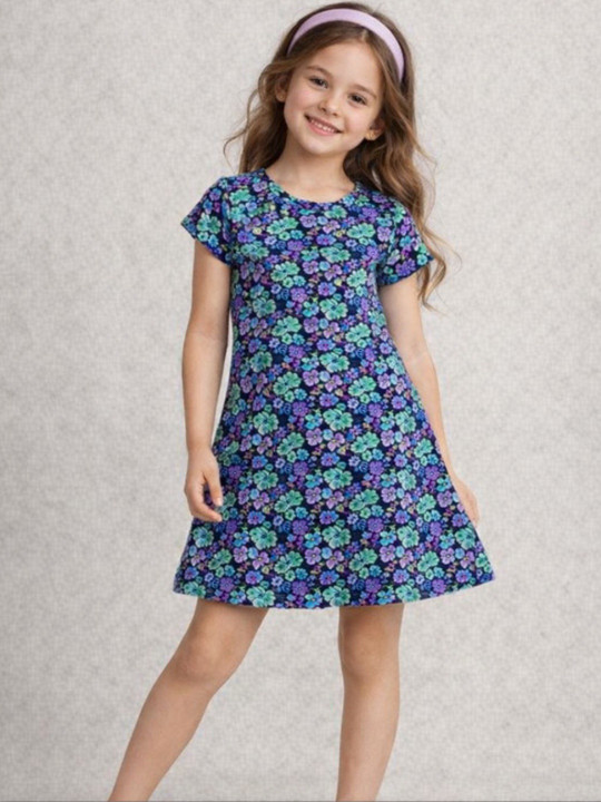Wildwoods Girls Cotton Floral Print A-Line Dress (Multicoloured, Pack Of 1)