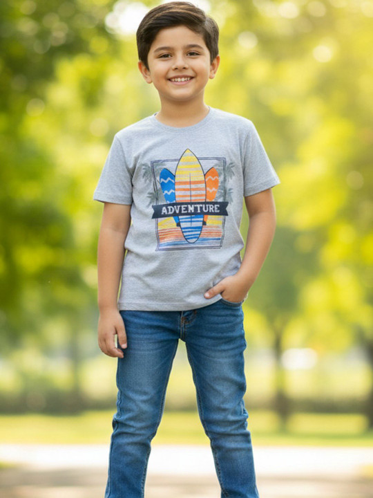 Wildwoods Boys Cotton Graphic Printed T-Shirt (Grey Melange, Pack Of 1)