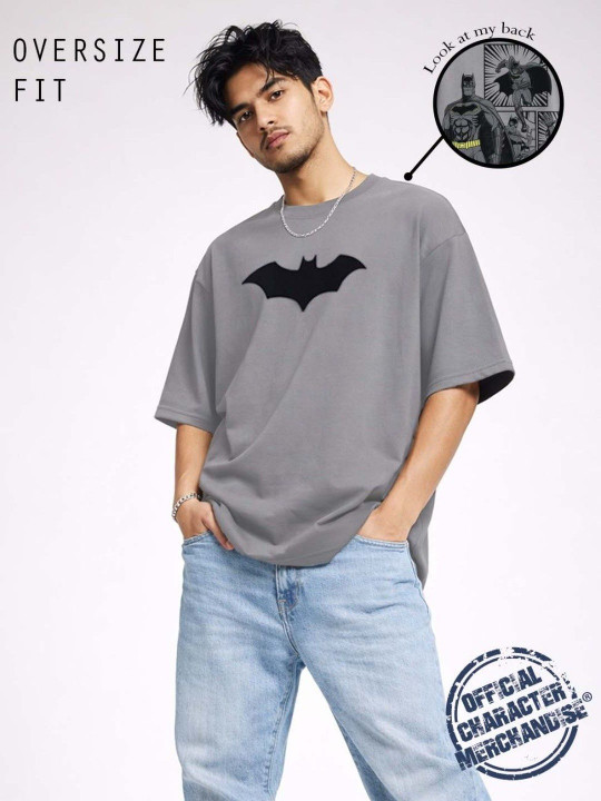 Minute Mirth Men Batman Graphic Printed Drop-Shoulder Oversized T-shirt (Grey, Pack of 1)