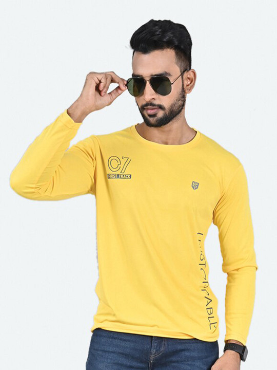 GAME BEGINS Men Typography Printed Round Neck Full Sleeve T-Shirt (Yellow & Blue, Pack of 1)