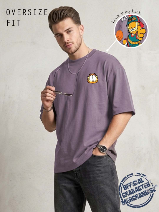 Minute Mirth Men Garfield Printed Drop-Shoulder Oversized T-shirt (Purple, Pack of 1)